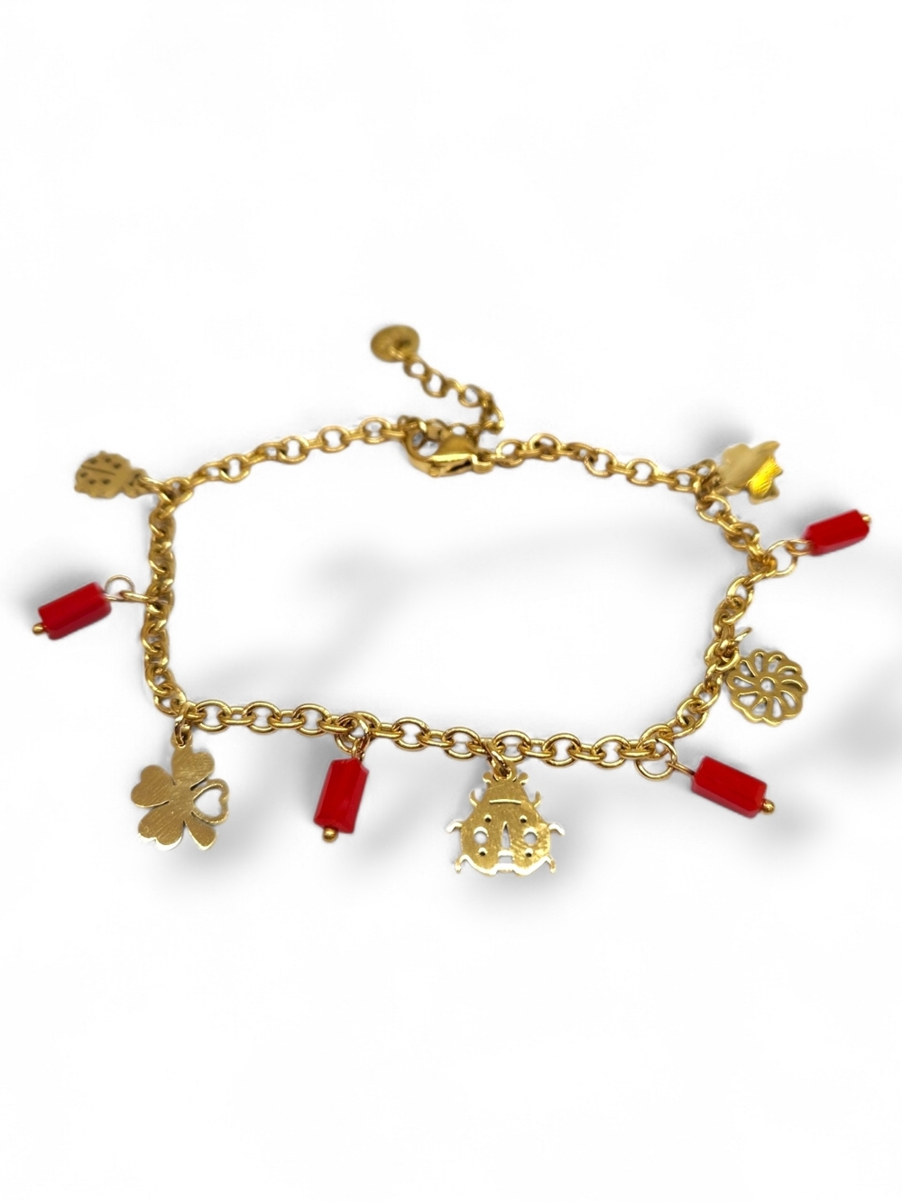 Gold Charm Bracelet with Red Beads - Women Jewelry